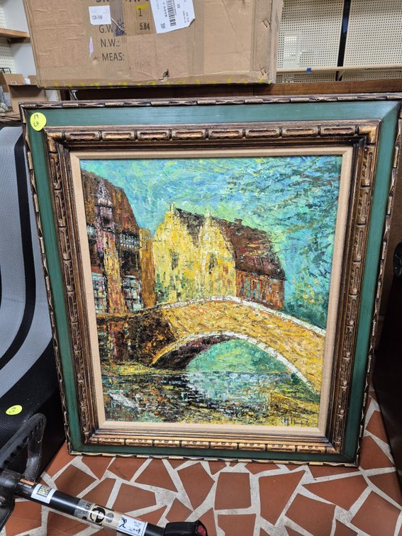 Vintage H. Hawick Impressionist bridge scene Oil on canvas
