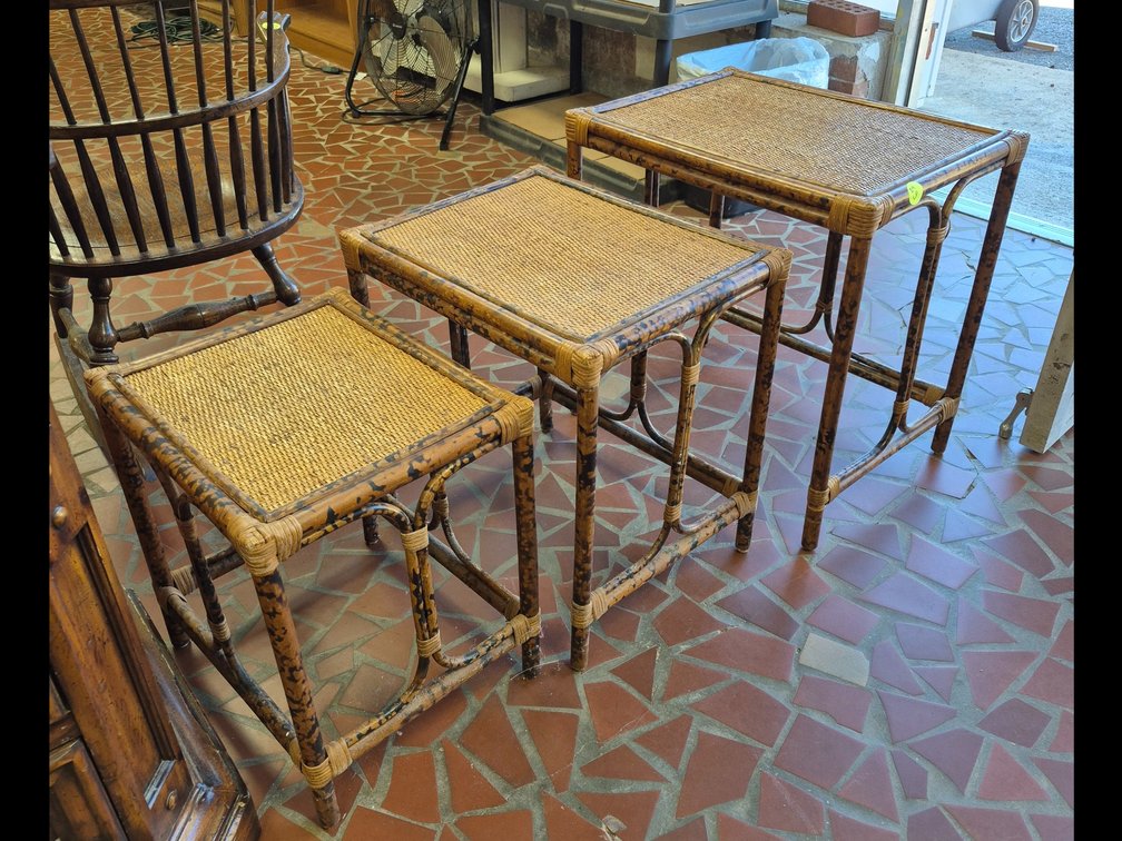 (3) mcm nesting bamboo tables with rattan caned tops