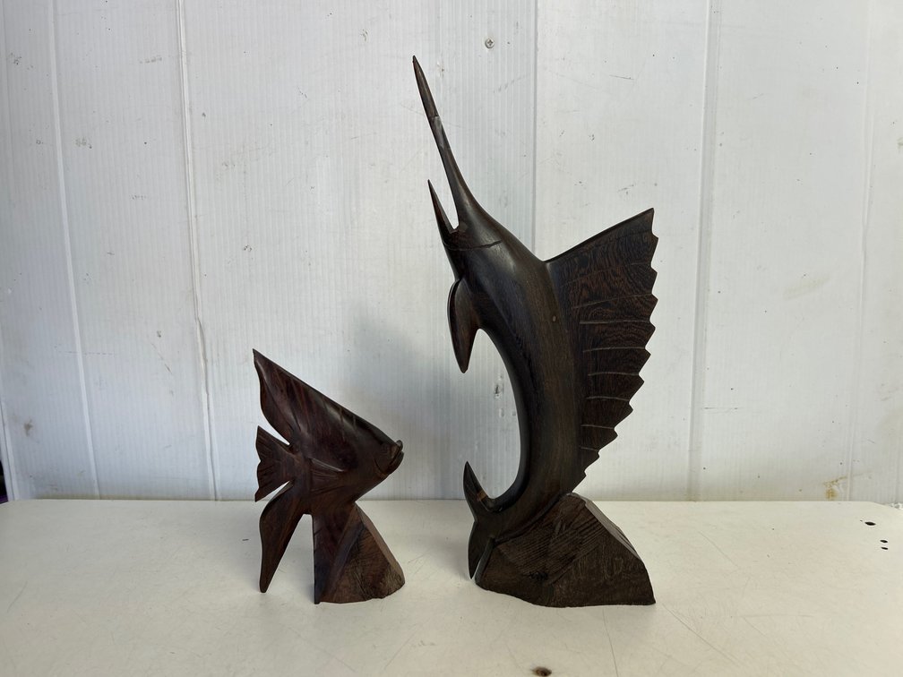 Wood Sword Fish and Angel Fish Figurines