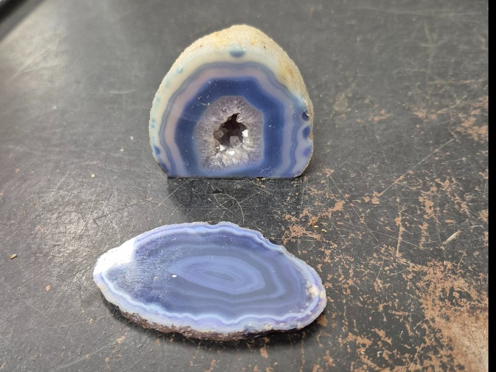 Polished blue banded agate-geode and slice