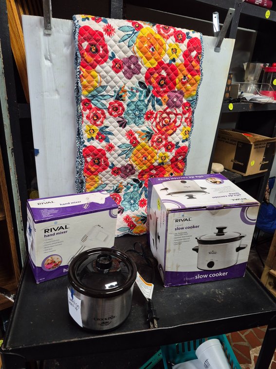 Rival hand mixer, slow cooker, crock-pot Little Dipper, quilted table runner