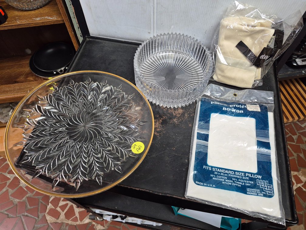 Pressed glass serving tray, cut glass bowl+