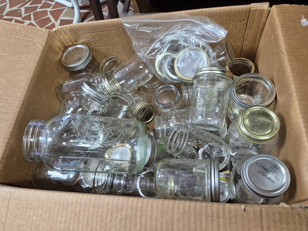Box full of assorted size canning, jelly, peanut butter jars