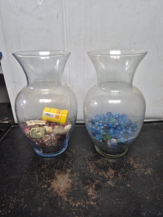 (2) glass vases with glass marbles, rocks ++