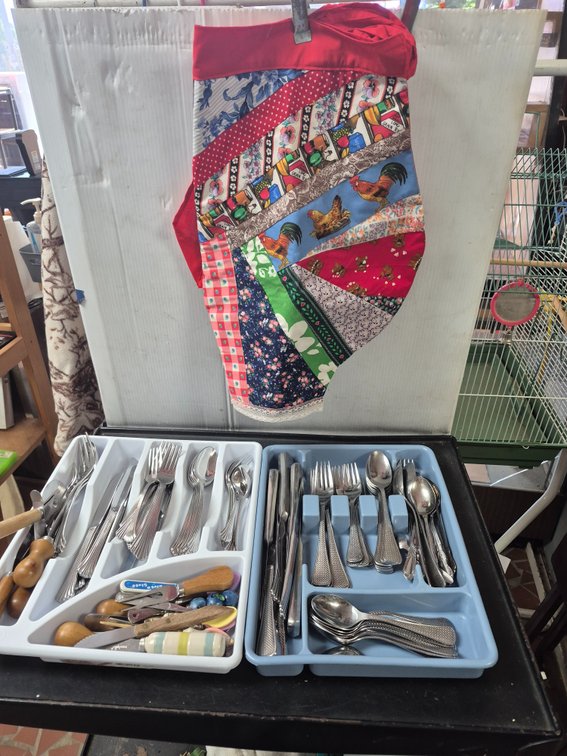 Stainless steel flatware sets and kitchen utensils, apron