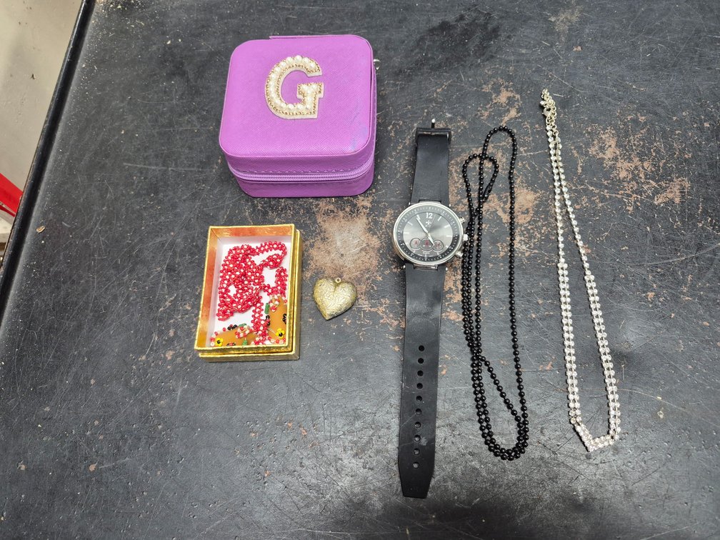 Costume jewelry, watch, small jewelry box +