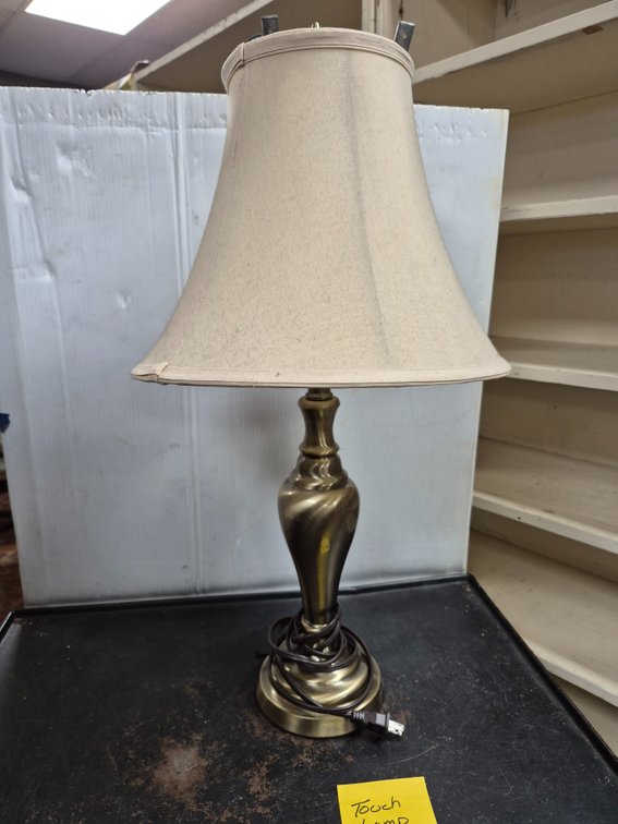 Satin bronze toned touch lamp with shade
