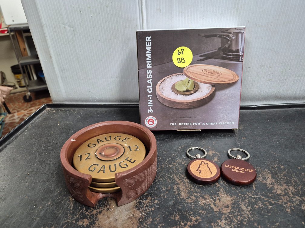 Shotgun shell coasters, tequila keychains, glass rimmer