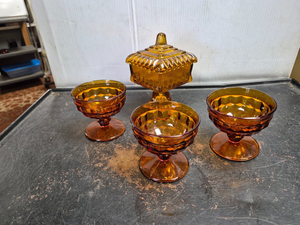 Fostoria style amber glass covered pedestal dish and goblets