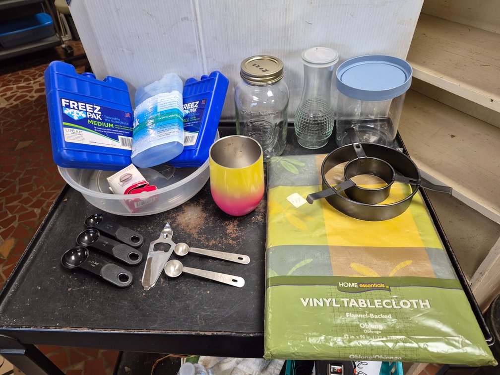 Freezer Paks, measuring spoons, tablecloth ++