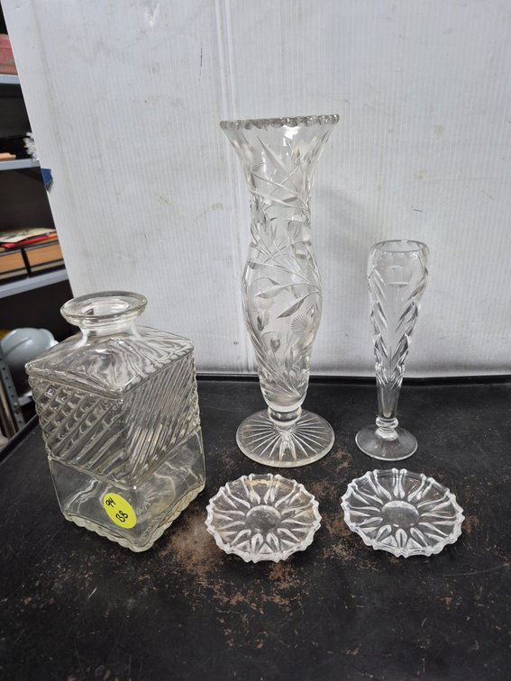 Cut glass vases, pressed glass decanter and coasters
