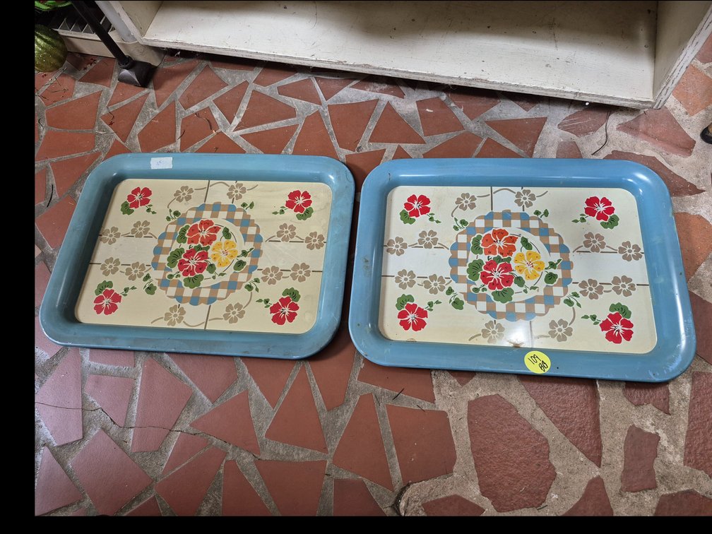 (2) vtg enameled metal serving trays