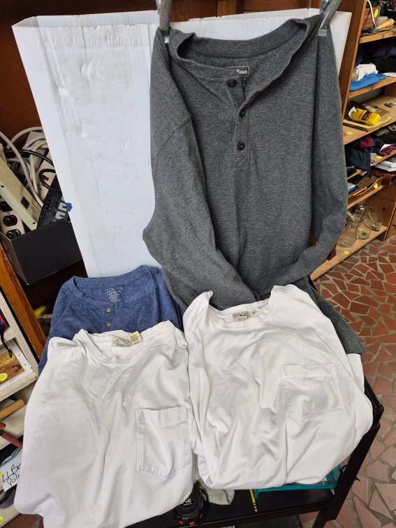 (2) LL Bean henley shirts and (2) pocket T-shirts