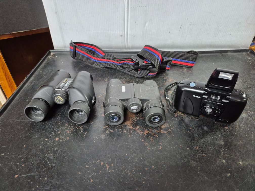 Nikon LL Bean 8×25 and Brunton 8×25 binoculars, kodak camera+
