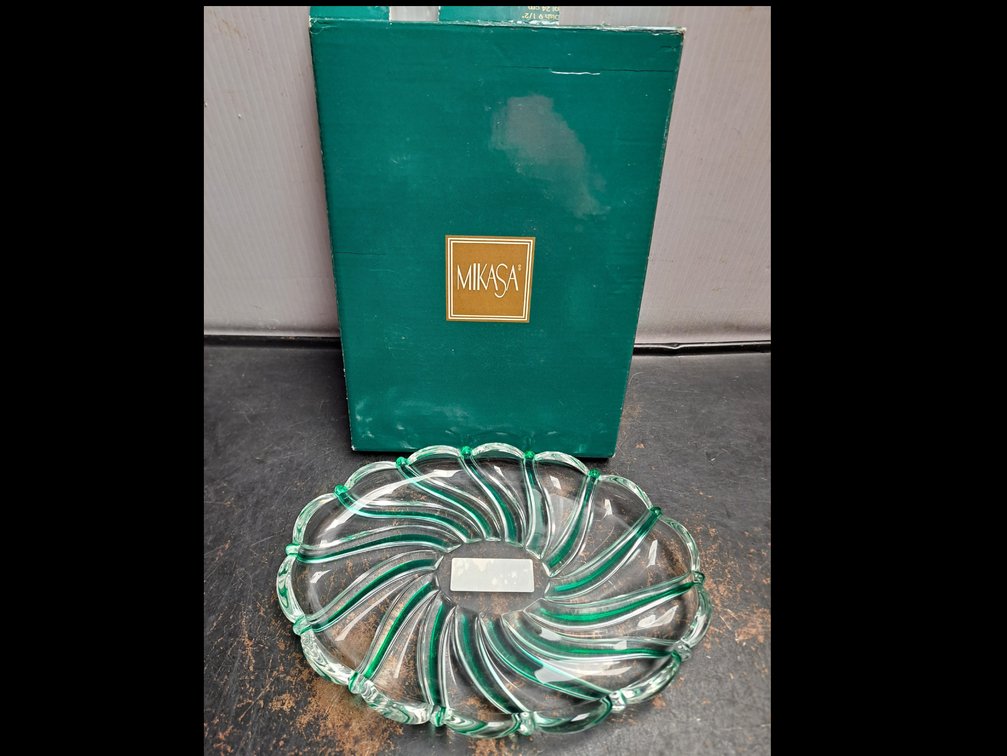 Vintage Mikasa Green Swirl Glass Candy Dish