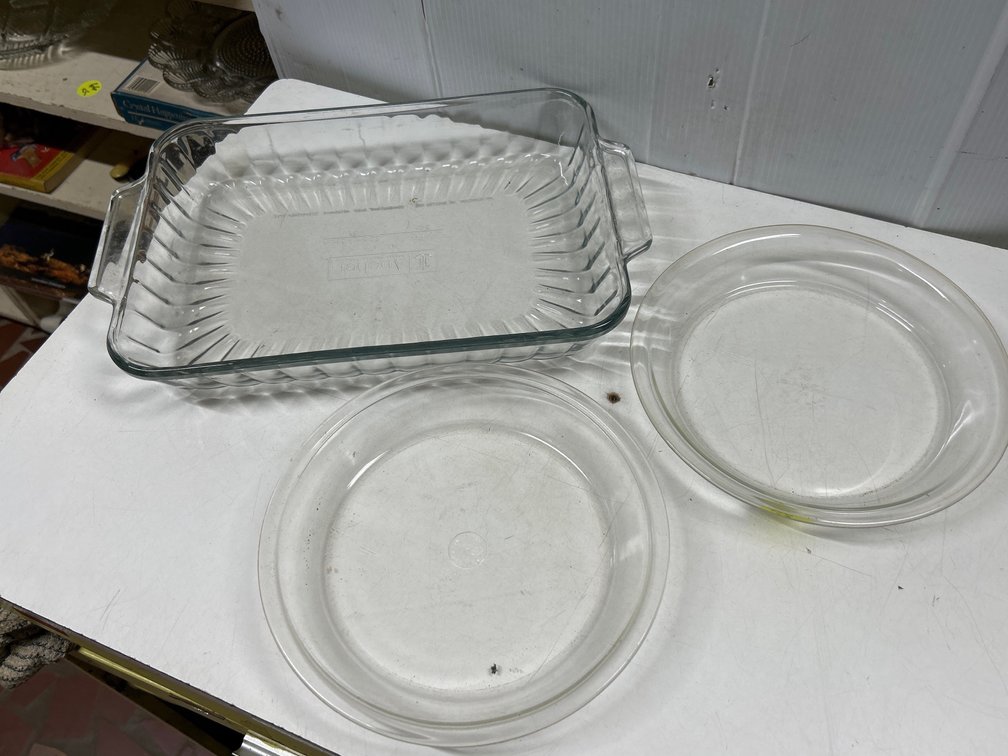 2 Pyrex Pie Pans, Anchor Hocking Casserole Dish