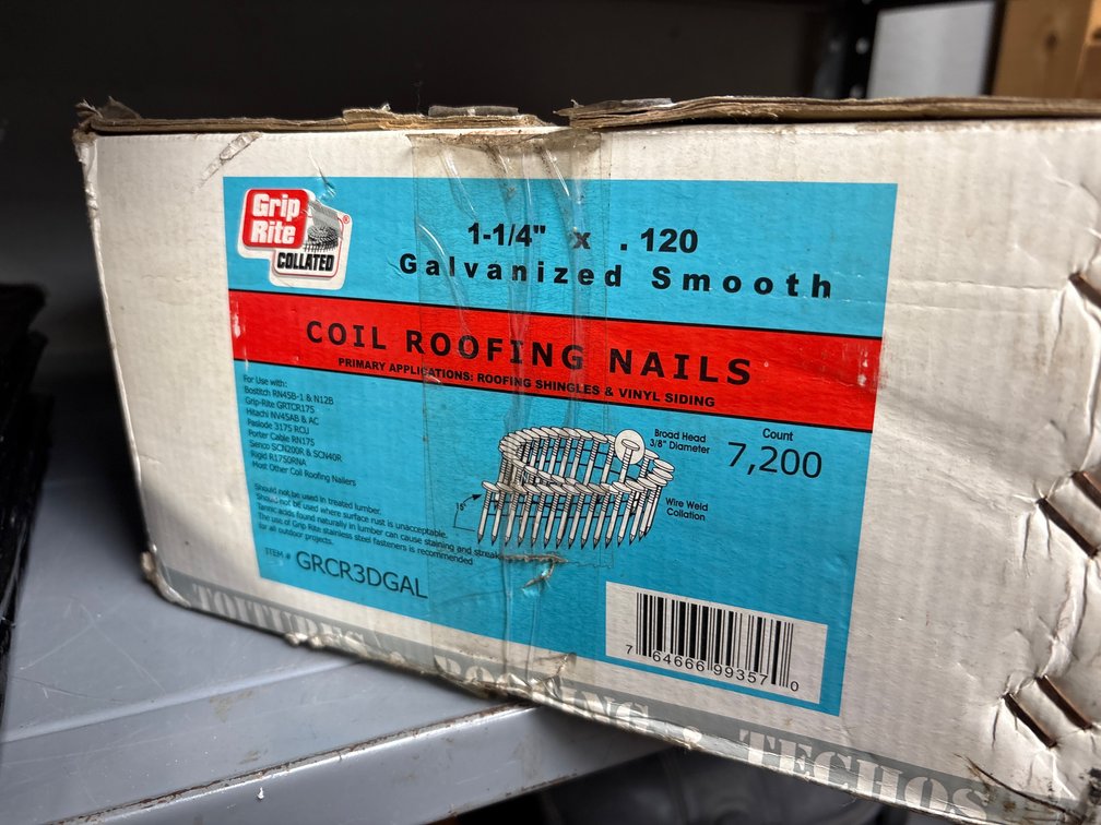 Box of many collated 1.25”  roofing nails