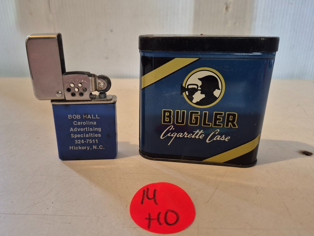 Unbranded advertiser lighter and Bugler tin cigarette case
