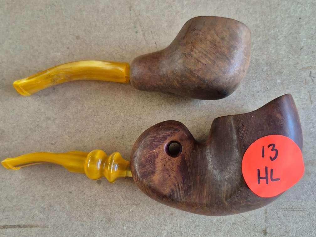 (2) handmade wood tobacco pipes with amber colored acrylic or lucite stems