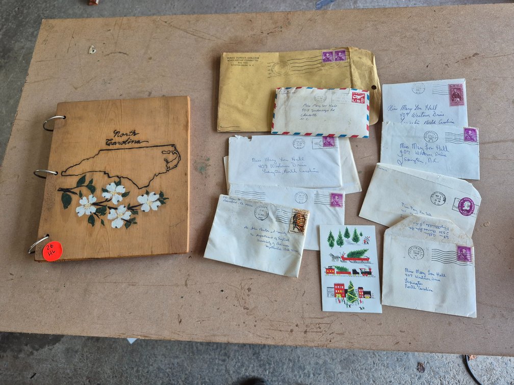 Vtg cards and letters, wooden handmade book project
