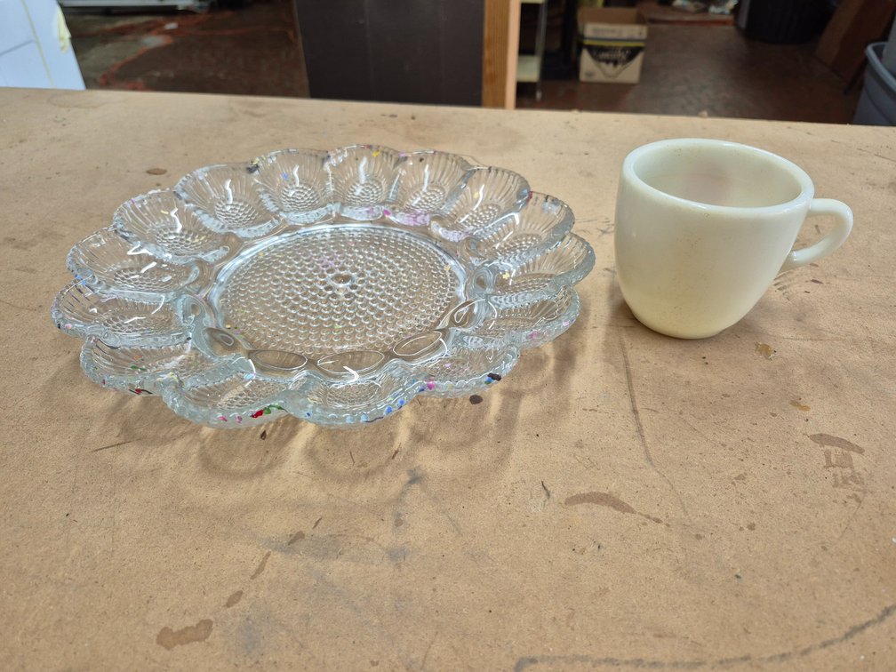 Hobnail egg dish and Corning milkglass cup