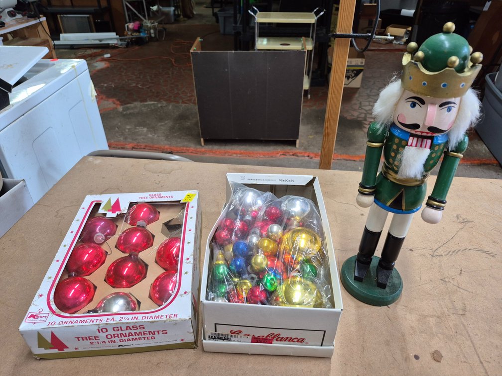 Vtg glass Christmas tree ornaments,  wood nutcracker