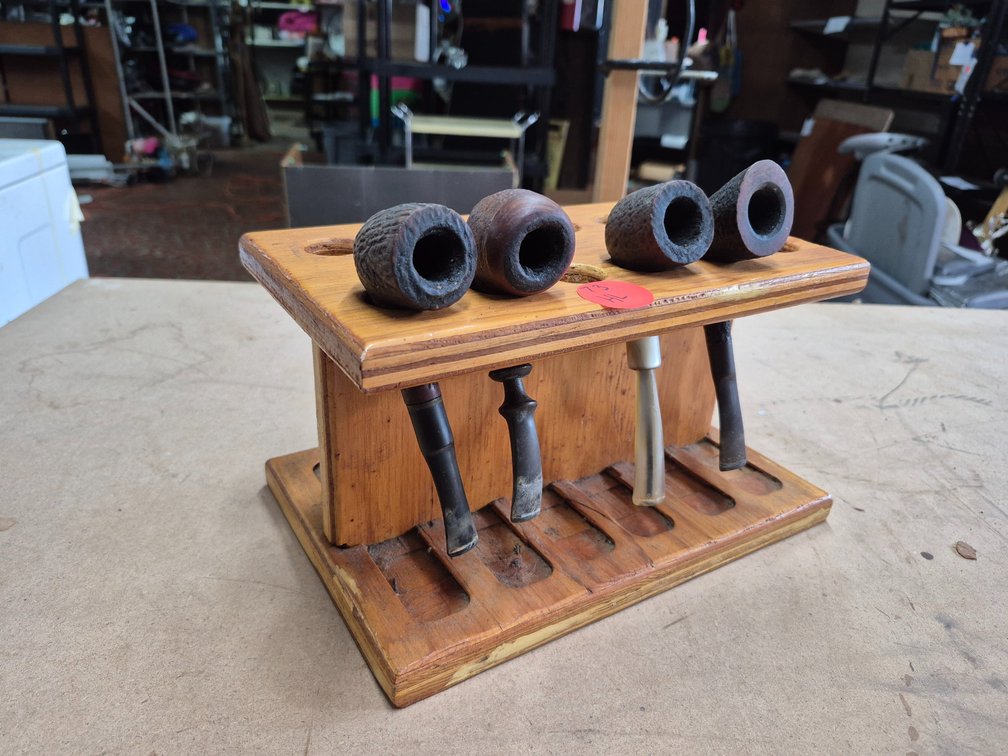 Handmade wood pipe stand and 4 tobacco pipes