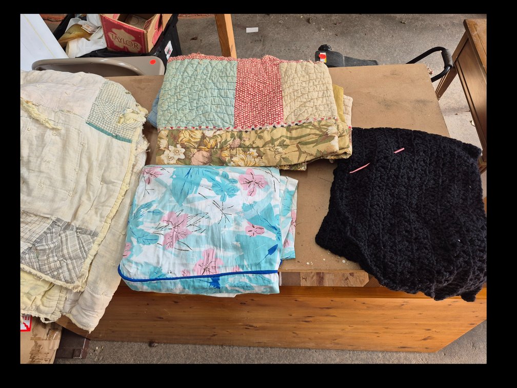 Very worn baby quilts, unfinished crochetd blanket, flat sheets