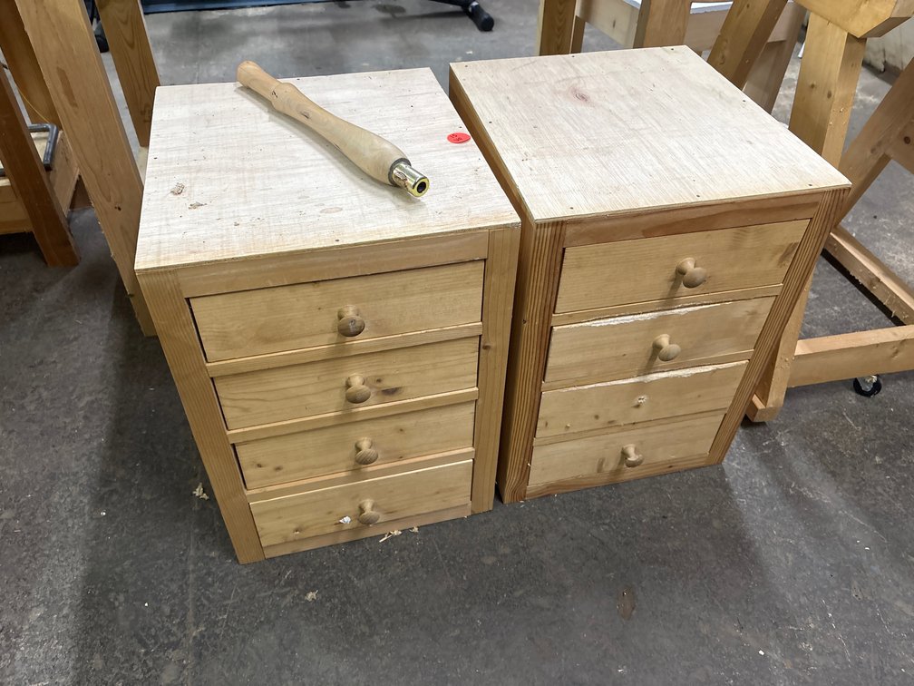 2 four drawer cabinets & lathe tool