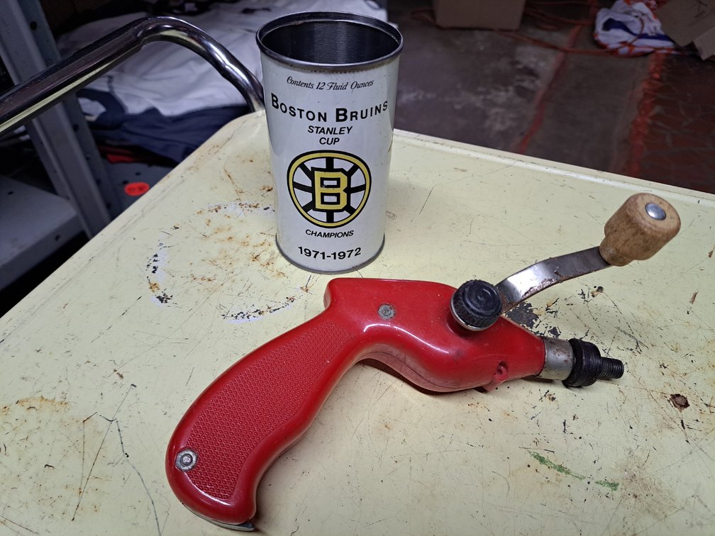 Vintage Manual Hand Drill/Bruins Tin Can