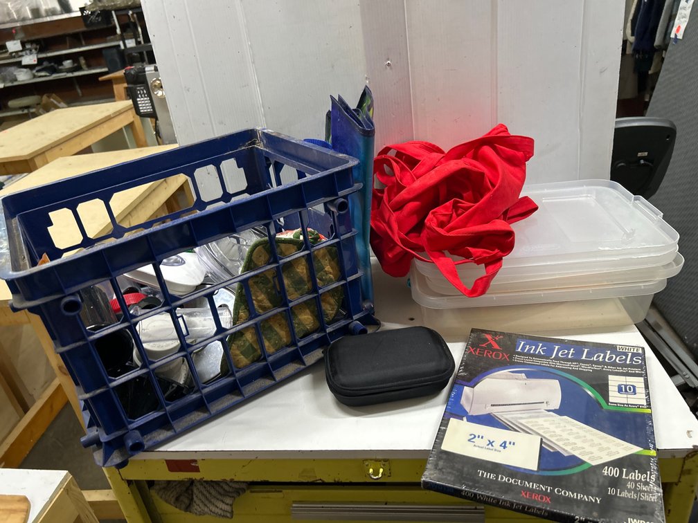 Plastic Crate with Random Kitchen Items, Ink Jet Labels+