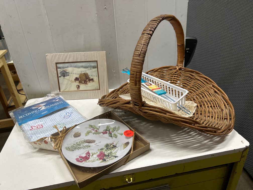 Wicker Gathering Basket, Winter Farm Print+