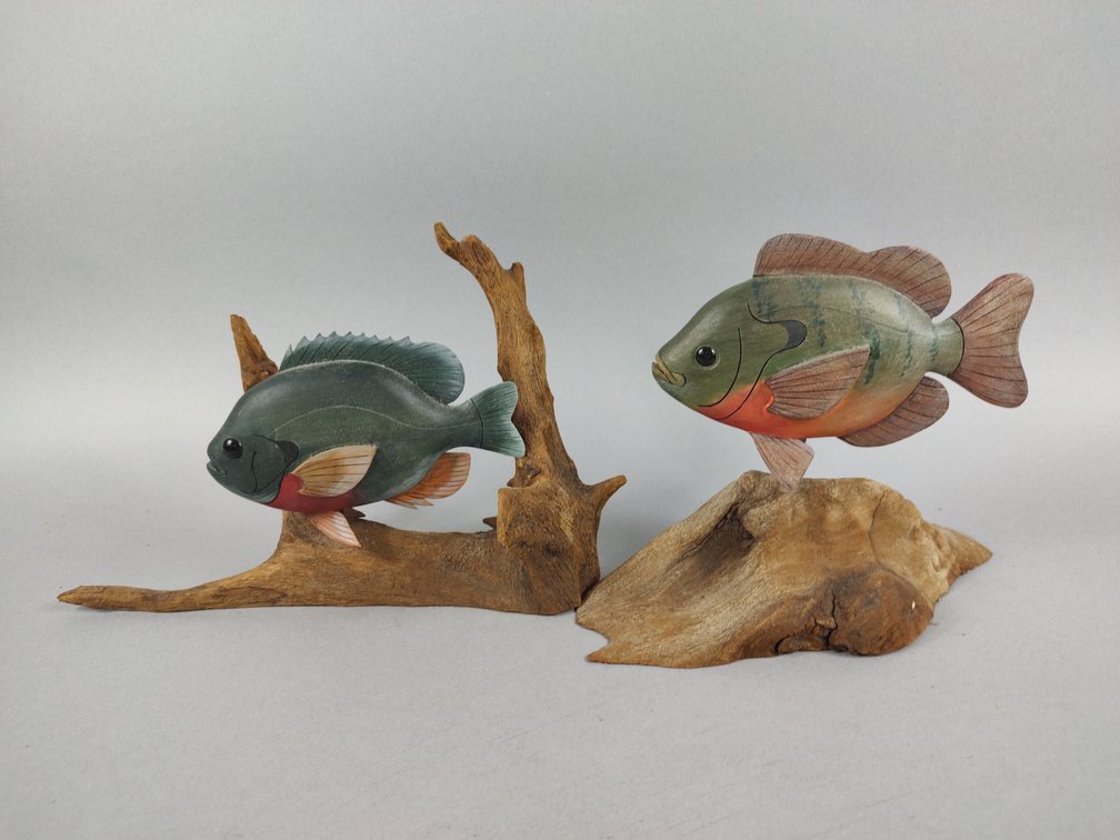 Pair Wood Carved Fish, Signed JW
