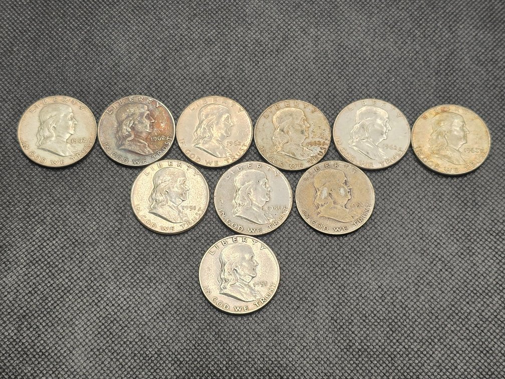 10 Franklin Silver Half Dollars