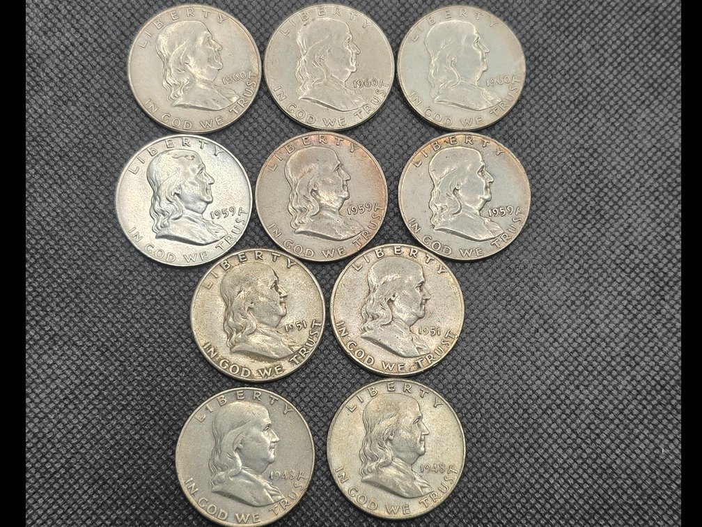 10 Franklin Silver Half Dollars