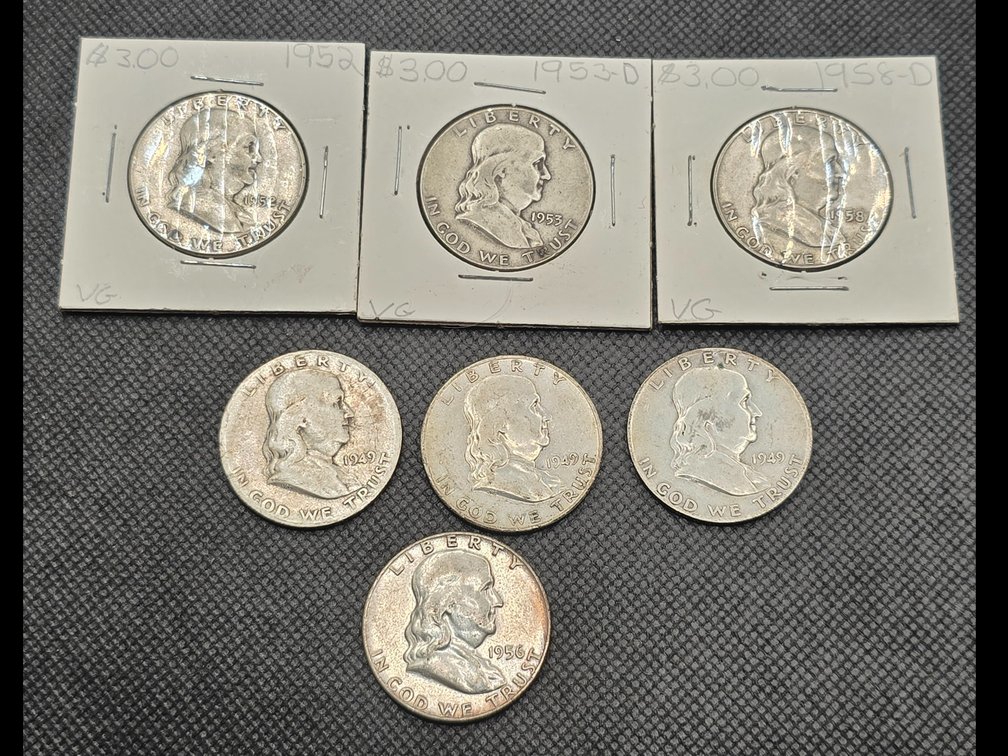 7 Franklin Silver Half Dollars