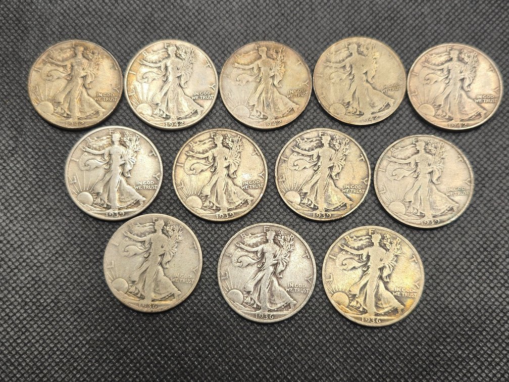 12 Walking Liberty Silver Half Dollars