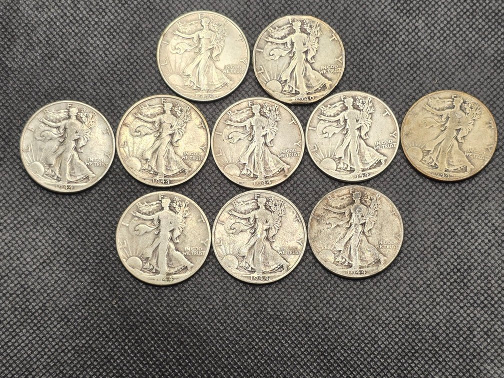 10 Walking Liberty Silver Half Dollars