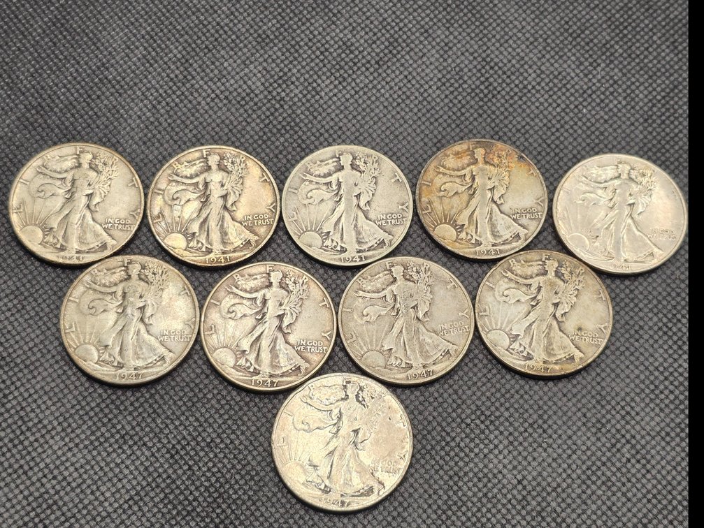 10 Walking Liberty Silver Half Dollars