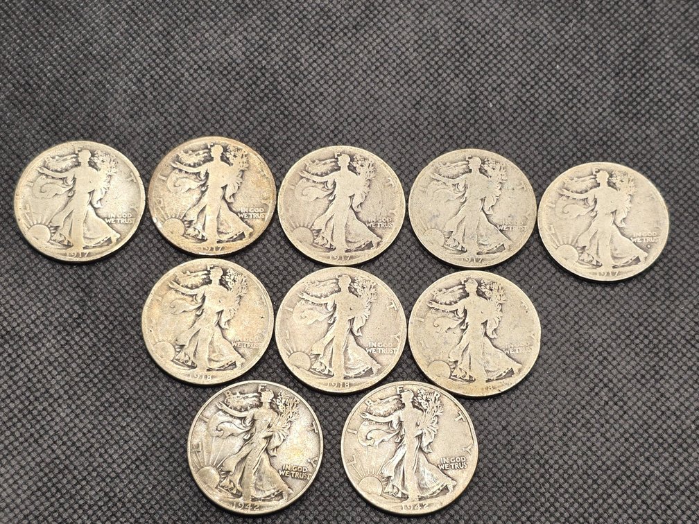 10 Walking Liberty Silver Half Dollars