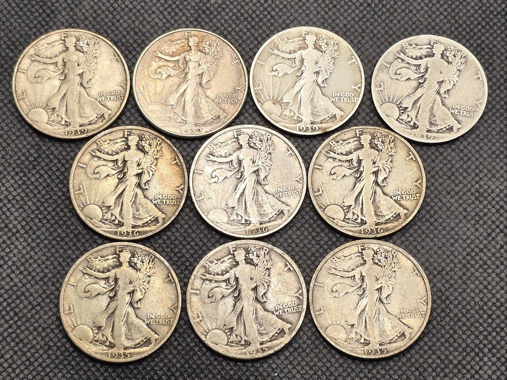 10 Walking Liberty Silver Half Dollars