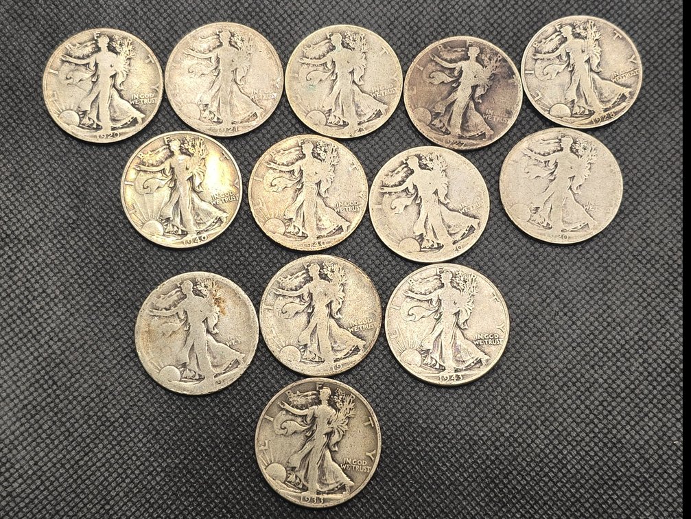13 Walking Liberty Silver Half Dollars