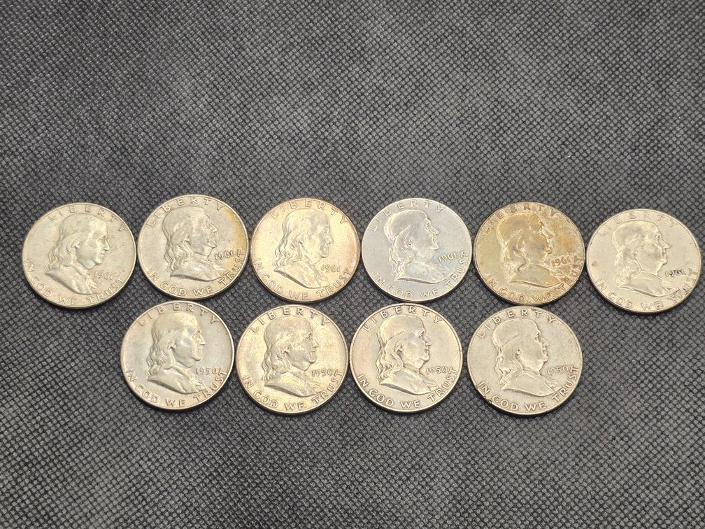 10 Franklin Silver Half Dollars