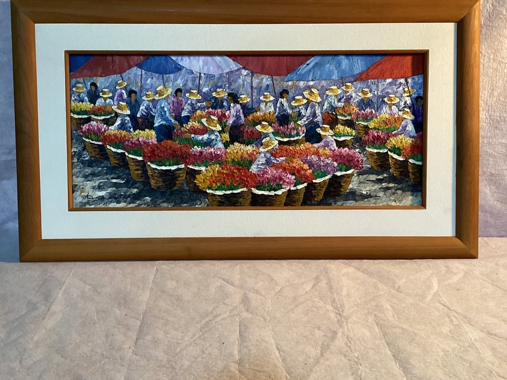 "Thai Flower Market"   Signed Amornsak Livisit 37” Wide 20” Tall