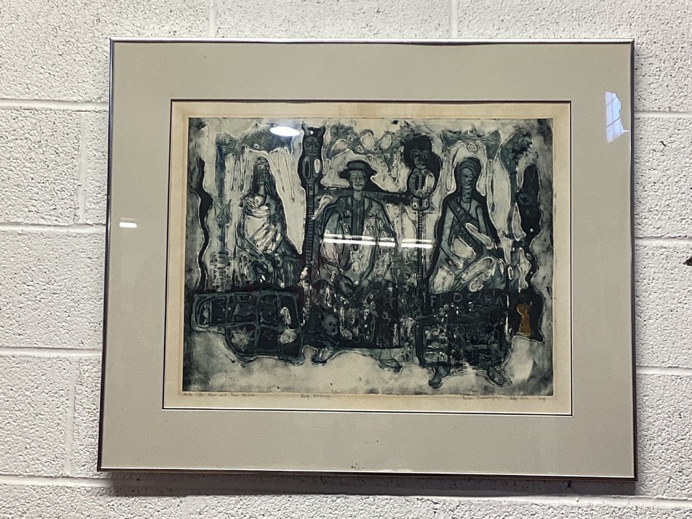 Framed Etching “Man and Two Wives” 28” Tall 34” Wide