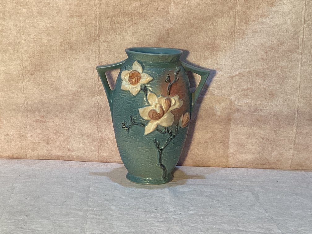 Roseville Magnolia Double Handled Vase 11” Tall 12” Wide