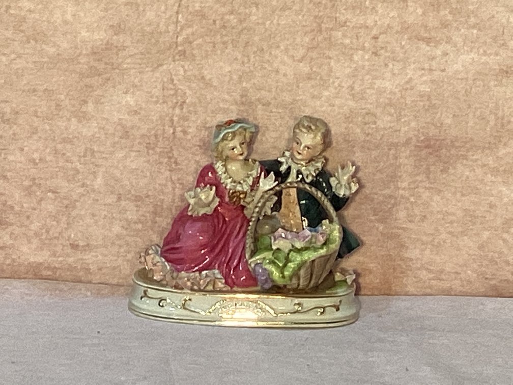 Porcelain German Figurine Boy & Girl With Flower Basket 6” Tall 7” Wide