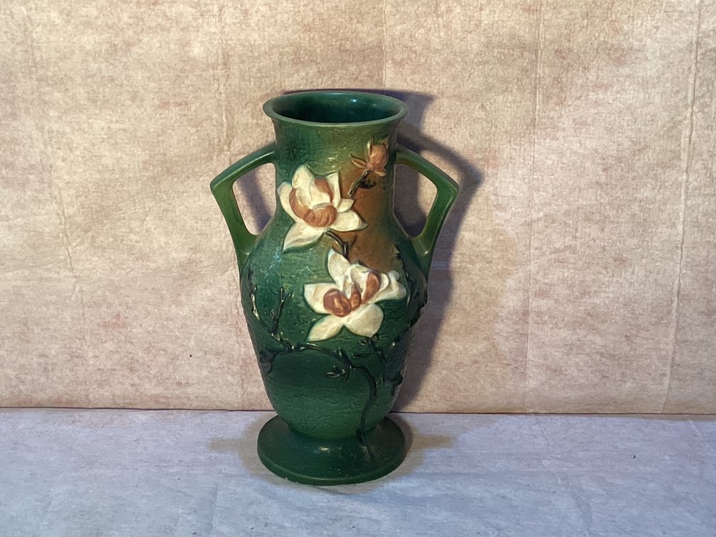 Roseville Green Magnolia Double Handled Vase16” Tall 9” Wide