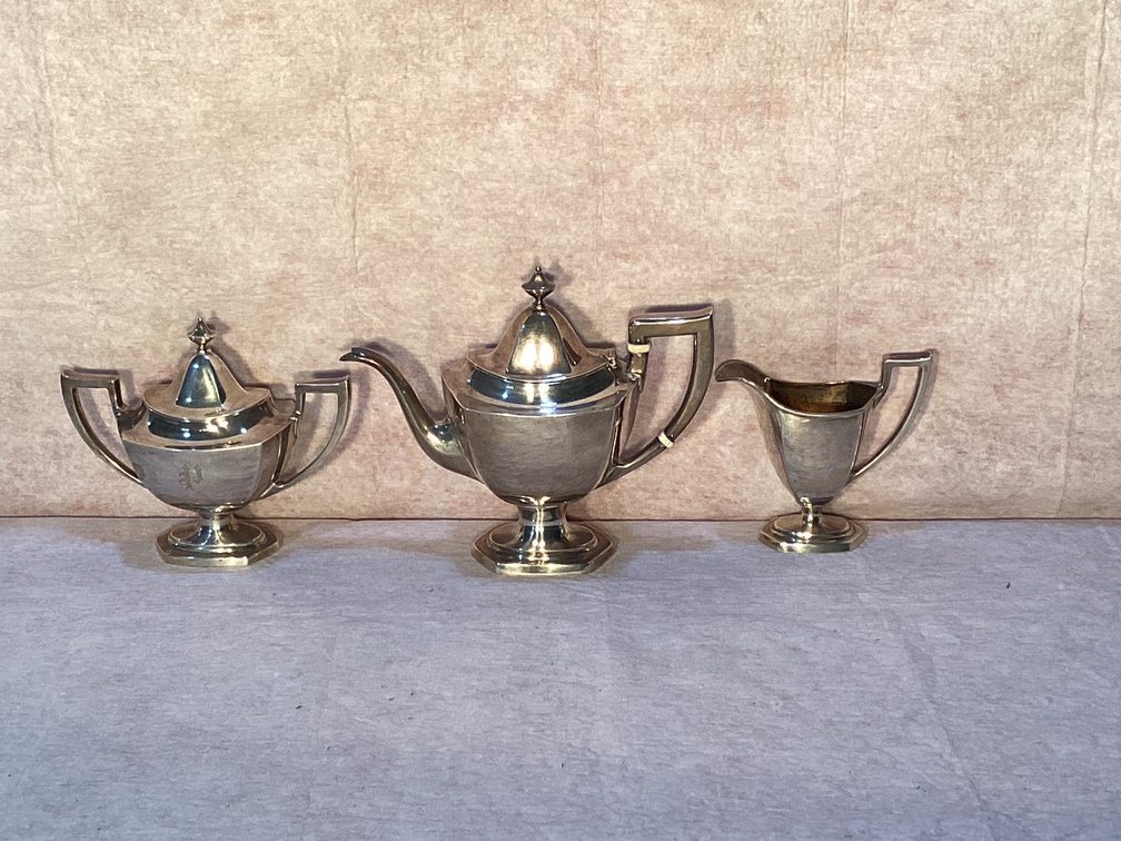 Art Deco 3 Piece Sterling Silver Tea Set 8” Tall 1,222g
