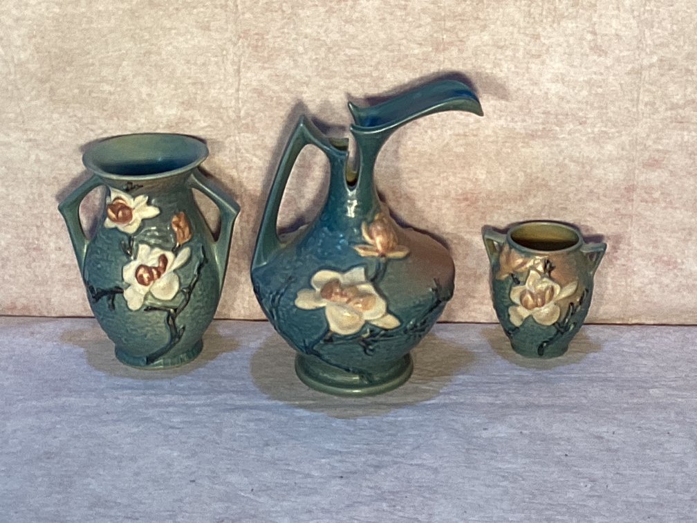 Green Roseville Magnolia Pieces 10" Pitcher   7.5" Double Handel Vase thin Neck Vase 4.5" Double Handel Vase  